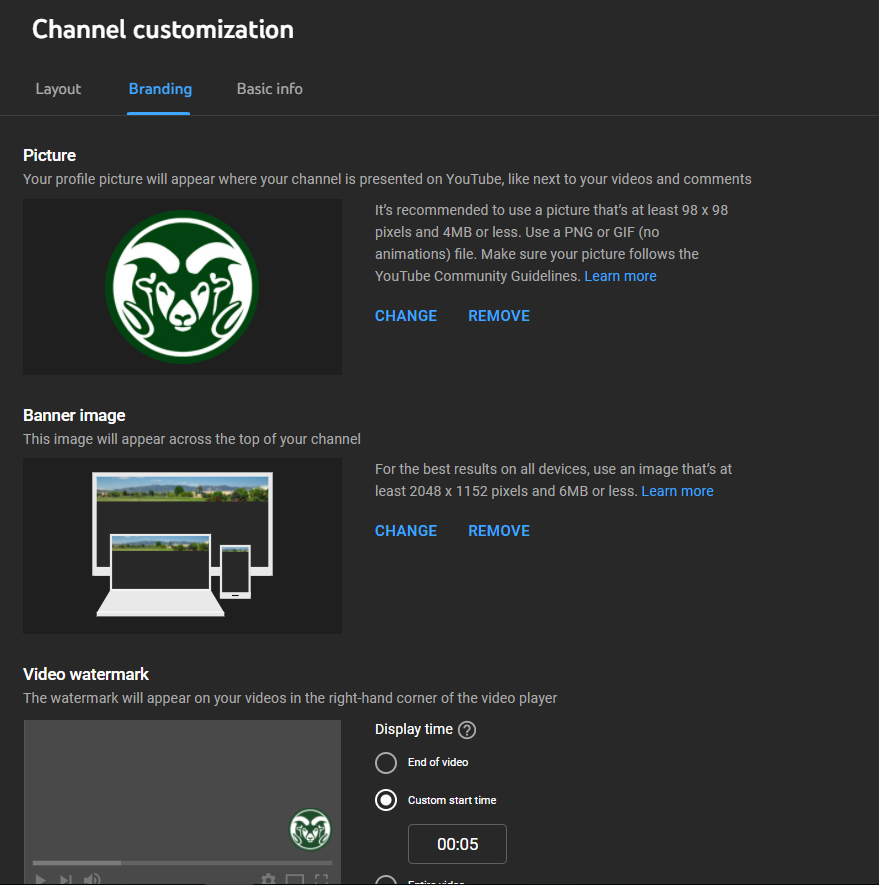 Channel customization options - Logo, Banner Image and Watermark