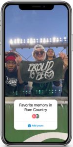 An example of the "Add Yours" sticker on Instagram Stories. The image shows a Rams fansat Canvas stadium holding a "Proud to Be" towel. The "Add Yours" sticker says, "Favorite memory in Ram Country."