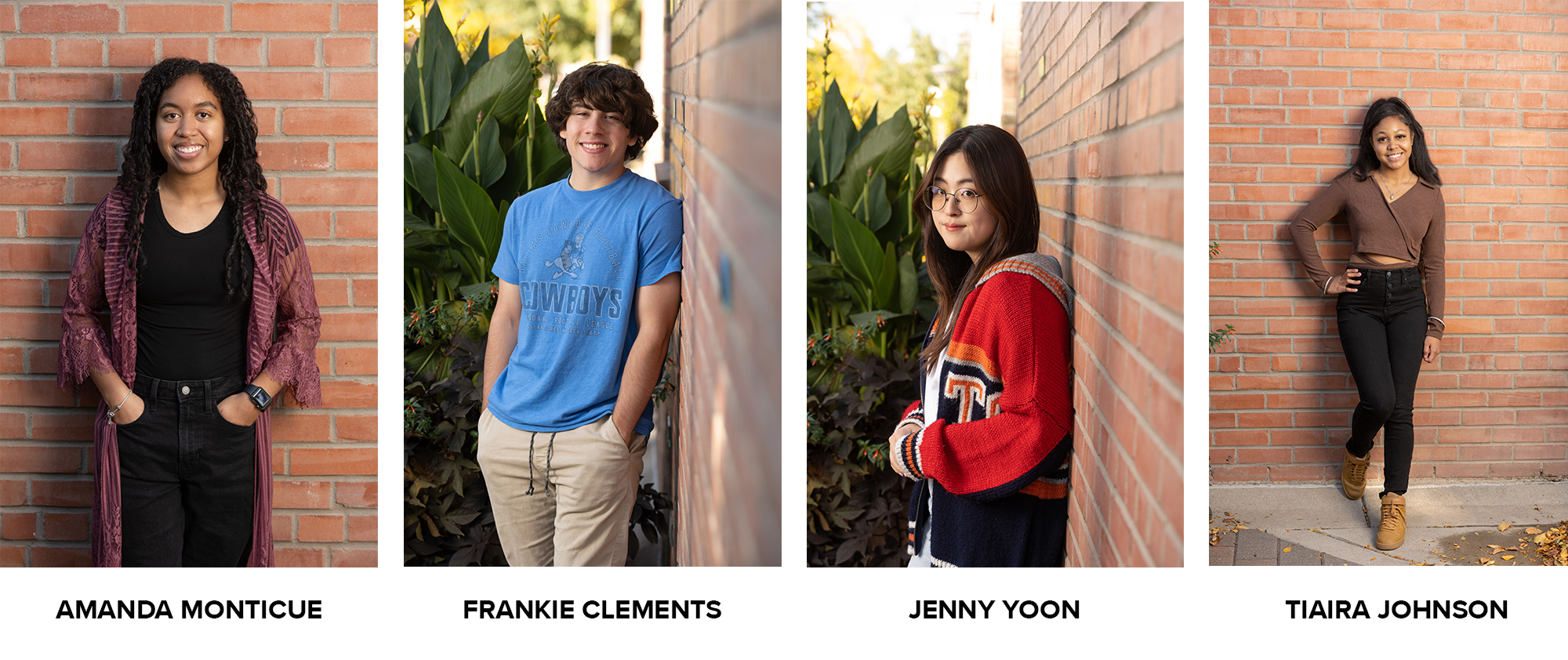 Four individual pictures of the student vloggers with their names below their pictures. Text reads Amanda Monticue, Frankie Clements, Jenny Yoon and Tiaira Johnson
