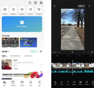 A composite of two screen shots showing the user interface of the app cap cut. The first picture shows the main screen of the app. The second picture shows what it looks like when a user edits a video in the app.