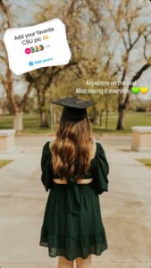 screenshot of the "Add yours" feature on Instagram Stories featuring a student wearing a graduation cap and posing for a photo, with their back to the camera