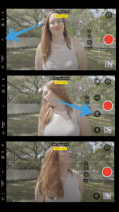 Three screenshots from an iPhone showing a woman standing outside stacked on top of each other. The first image has an arrow pointing to the left of the frame to indicate a smaller arrow on the iPhone screen, which opens an additional menu. The middle image has an arrow pointing towards an exposure icon with a plus or minus symbol to the right of the frame. The image on the bottom shows a scale to adjust exposure by -1.0 stops. 