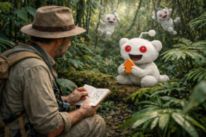 An AI-generated image of a field researcher in a forest taking notes on a little Reddit alien-looking animal.